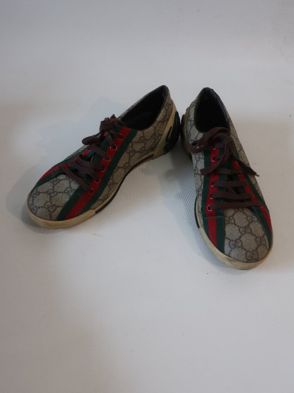 Authentic Gucci Guccissima Beige Brown Web Logo Letter Heel Sneakers 37.5 US/7.5